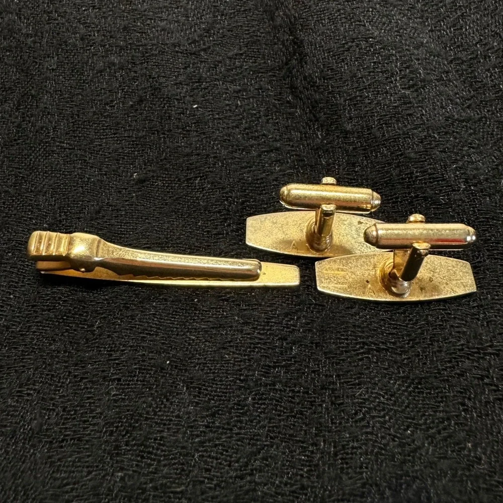 Vintage Anson Spade Tie Clip Cufflinks Set Gold Tone Mid Century‎ Mens